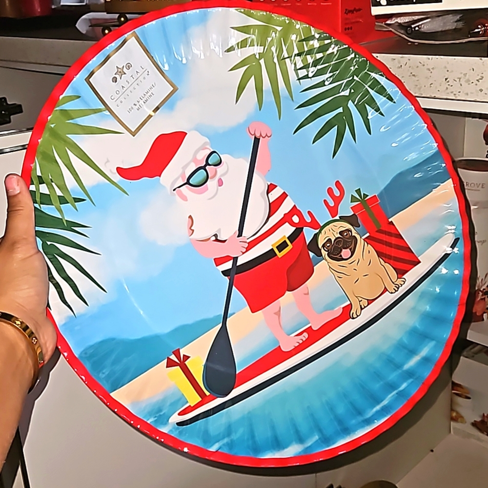 COASTOAL COLLECTION MELAMINE SANTA AND PUG BEACH CHRISTMAS SERVING TRAY